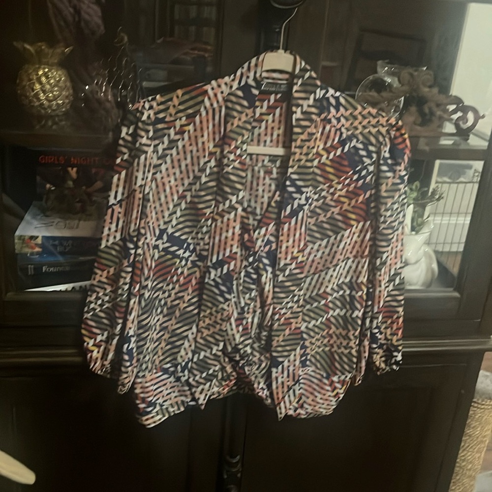 Red and Blue Graphic Blouse with Mandarin Collar and 3/4 Sleeves - Picture 1 of 2